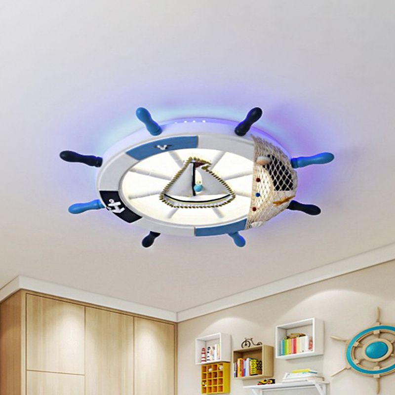 Acrylic Circle Flush Mount Light Nautical LED Ceiling Fixture with Wood Rudder Deco in Blue