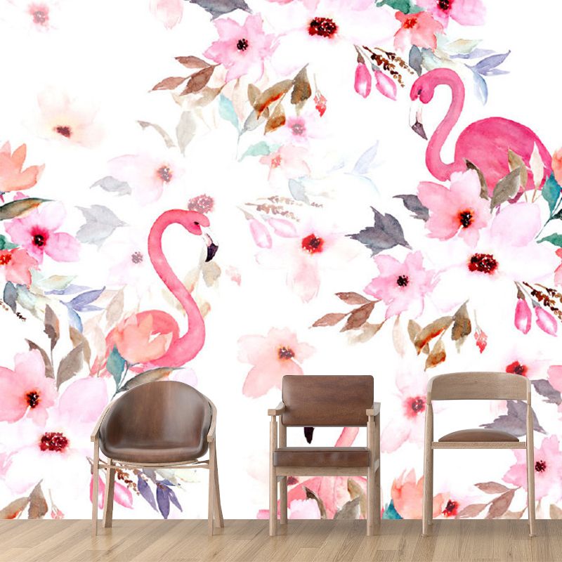 Flamingo Flower Print Wall Murals Tropical Non-Woven Fabric Wall Decor in Pink for Home