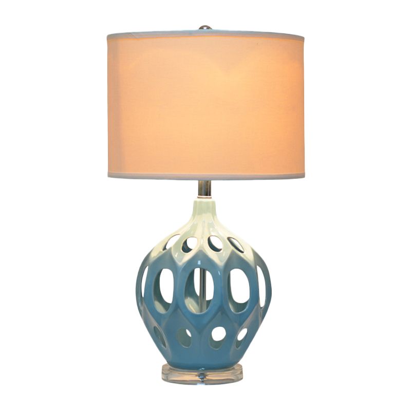 Blue Hollowed Out Night Light Traditional Céramique Single Salon Room Table Table avec une teinte en tissu cylindrique