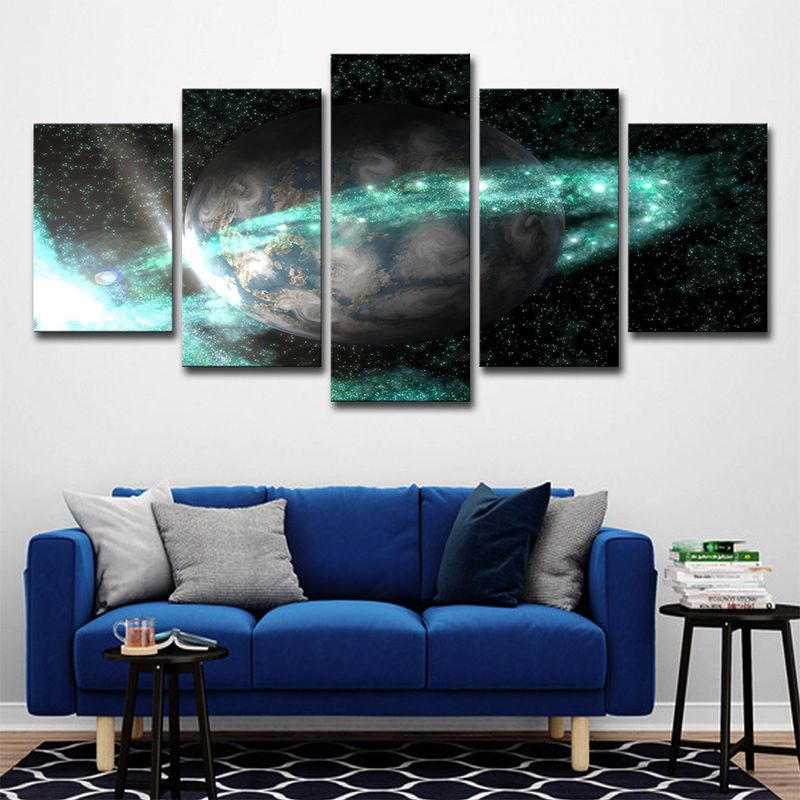 Galaxy Ringed Earth Wall Art Kids Style Canvas Wall Decor in Green and Black