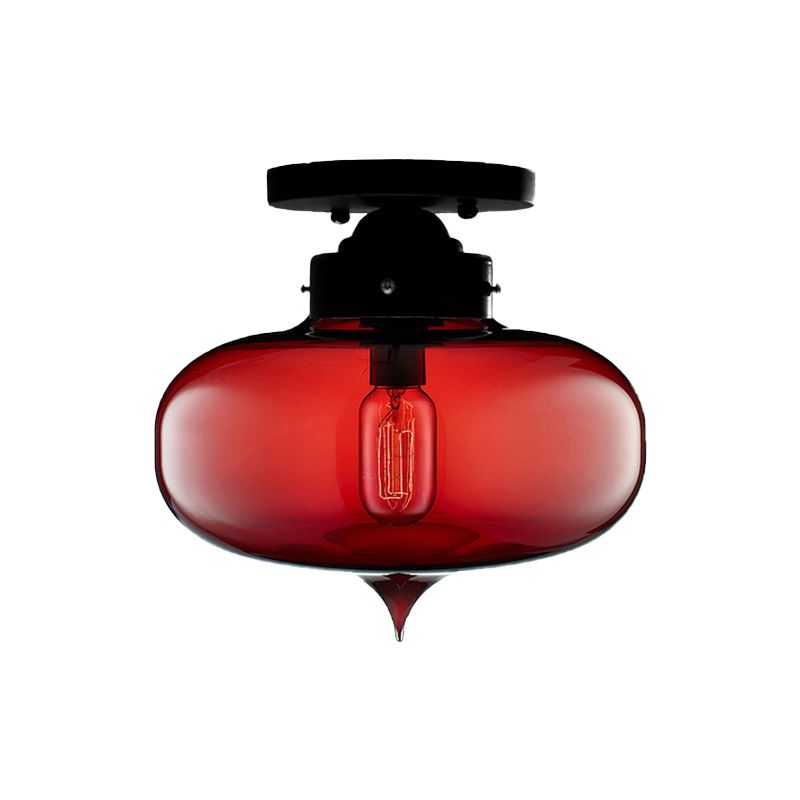 Black One Light Ceiling Mount Industrial Red / Brown / Amber Glass Oval Shade Semi Flush Light for Dining Room