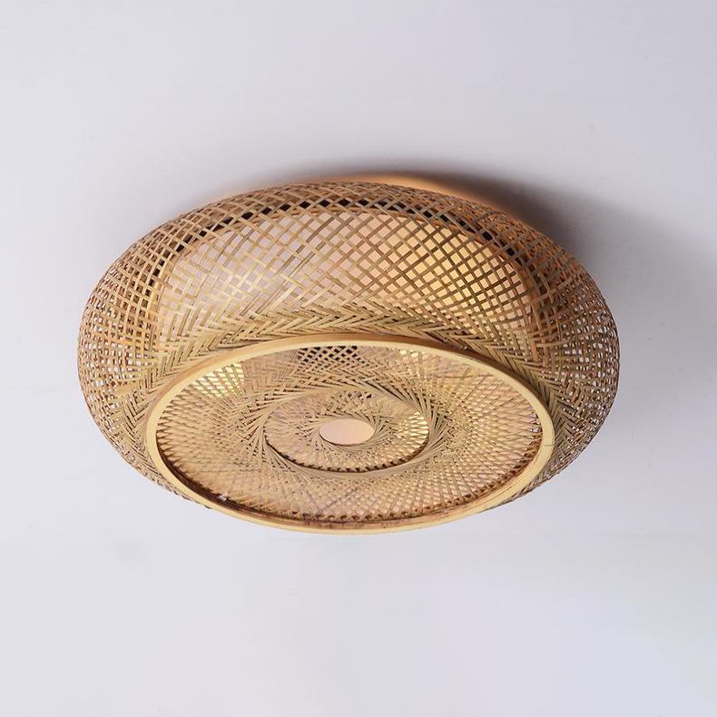 Lámpara de techo de 3 luces con forma de tambor de estilo creativo asiático, montaje empotrado de arte tejido de bambú para pasillo