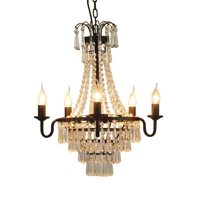 5 Lights Crystal Empire Chandelier Light Country Black Exposed Bulb Living Room Pendant Lighting