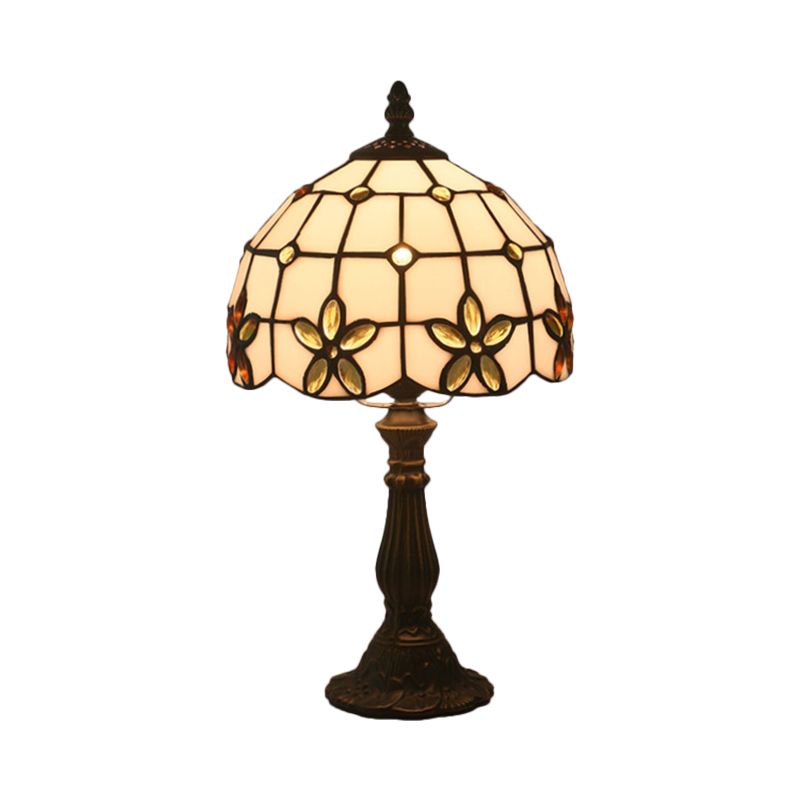 Lattice Bowl White Glass Table Lamp Victorian 1 Light Red/Yellow/Blue Flower Patterned Nightstand Light