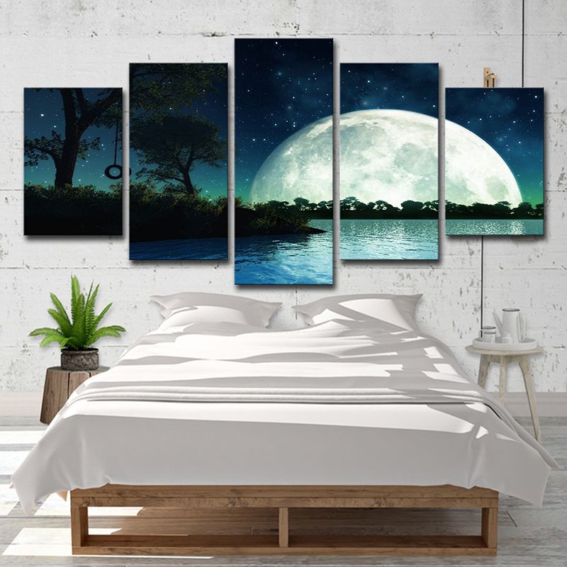 Kids Fantasy Wall Art Dark Blue Super Moon and Lake Scenery Canvas Print for Home