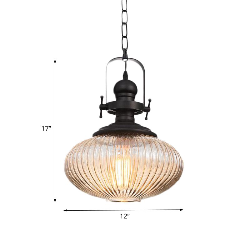 Ovale/Drum Clear Ribbed Glass Pendant Vintage 1 Head Bistro Hanging Ceiling Light in Black