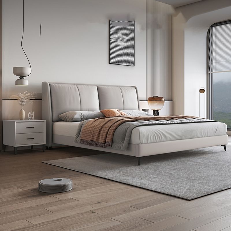 Modern Pine Wood Panel Bed Genuine Leather Bed Frame with Upholstered Headboard