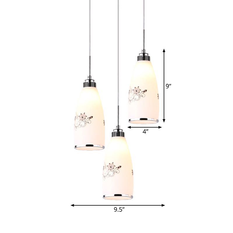 3-Bulb Cone Multiple Hanging Lamp Minimalism Black/Yellow/Blue Printing Glass Pendulum Lamp with Linear/Round Canopy