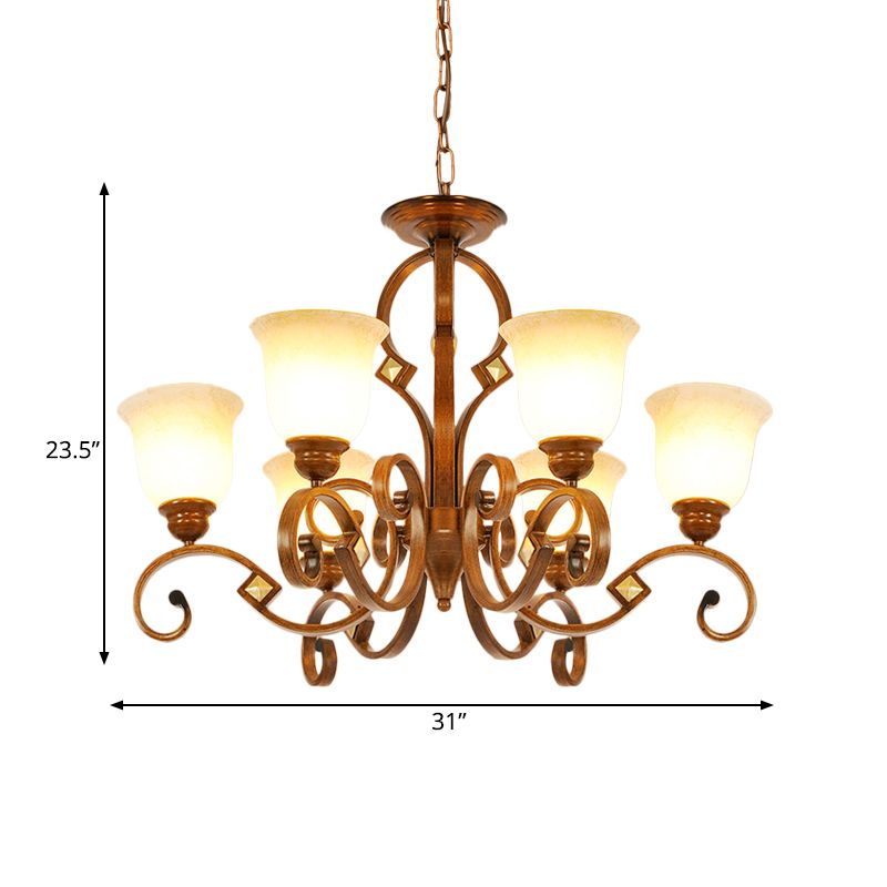 Braccio curvo per camera da letto lampadario in metallo rurale 6 lampadine bulbi brown sospeso con tonalità di vetro opale a campana