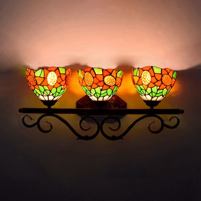 3 Heads Bowl Wall Light Fixture Baroque Orange Stained Glass Sconce Light with Sunflower Pattern
