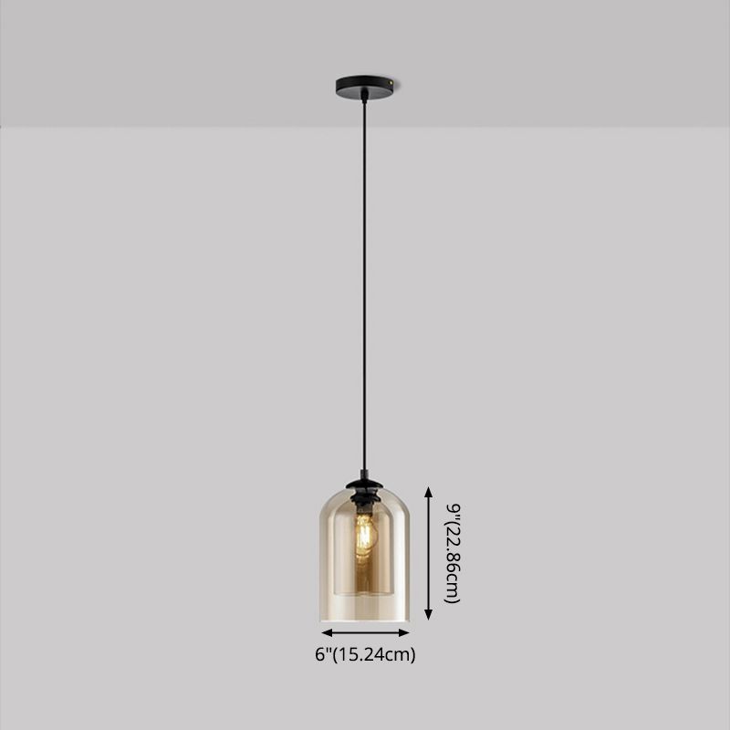 Wrought Iron Single Pendant Light in Modern Simplicity Glass Cylindrical Hanging Light for Bedroom