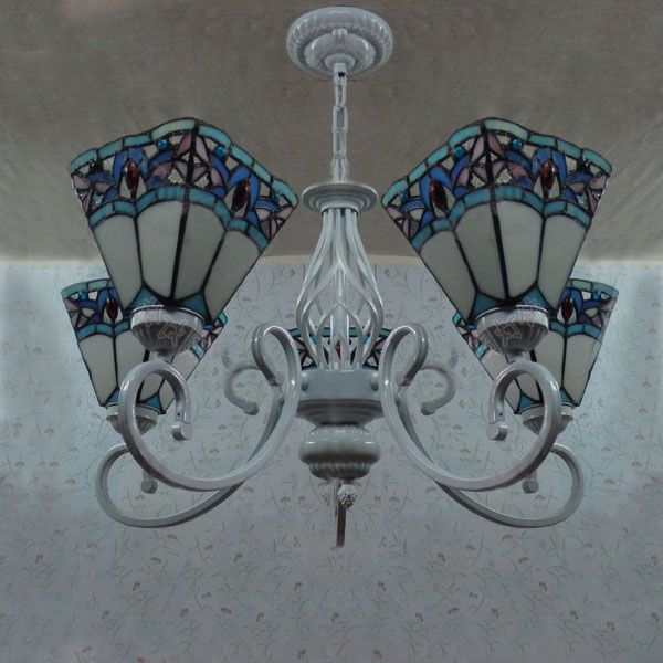 Luci piramidali di lampadario in vetro colorato tiffany 5 luci appiccicogeni in blu e bianco