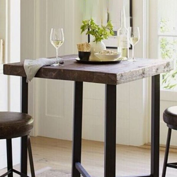 Brown Solid Wood Pub Table Square Bar Height Cocktail Table with Footrest