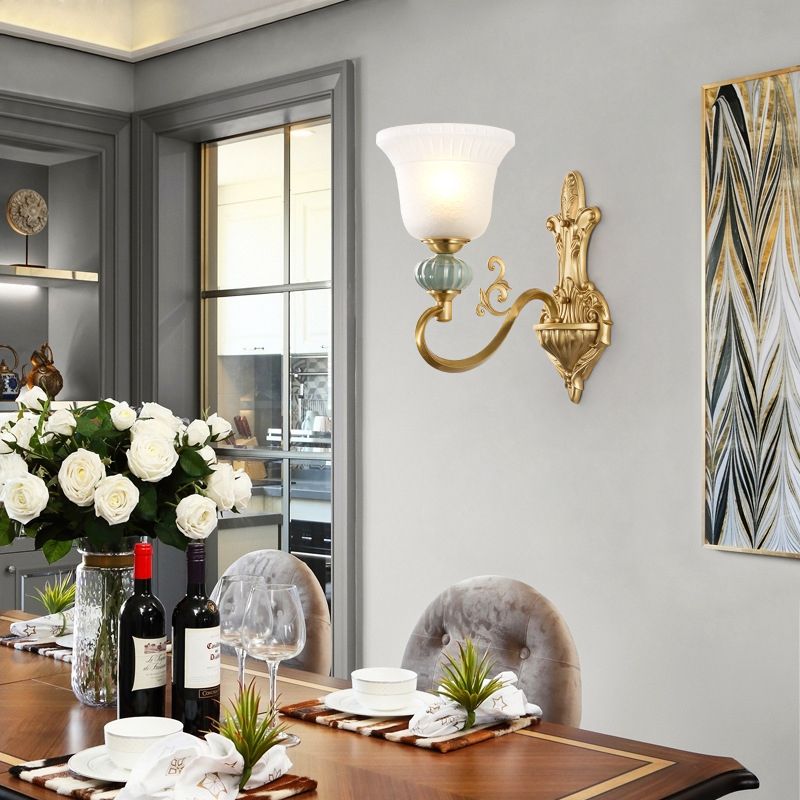 1/2-Head Wall Light with Bell Shade Opal Glass Modern Stylish Living Room Golden Wall Sconce Lamp