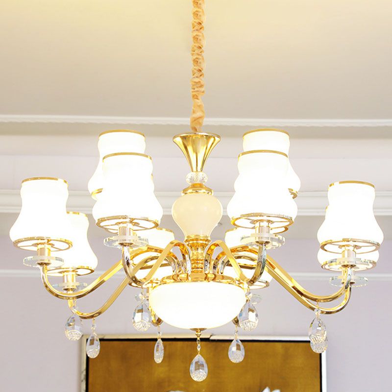 Luz de lámpara de araña simple Gold Curvado Down Lighting Pendse con sombra de vidrio esmerilado blanco