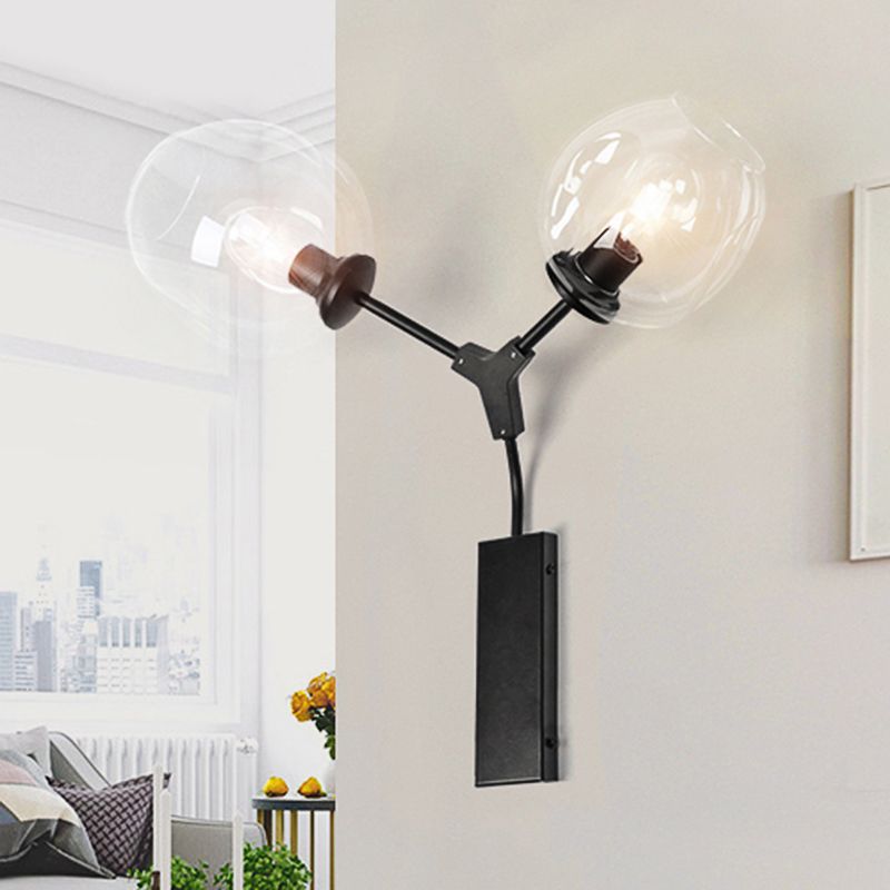 1/2 Light Wall Sconce Contemporary Black/Gold Wall Mount Lighting with Oval Amber/Gold/Clear Glass Shade