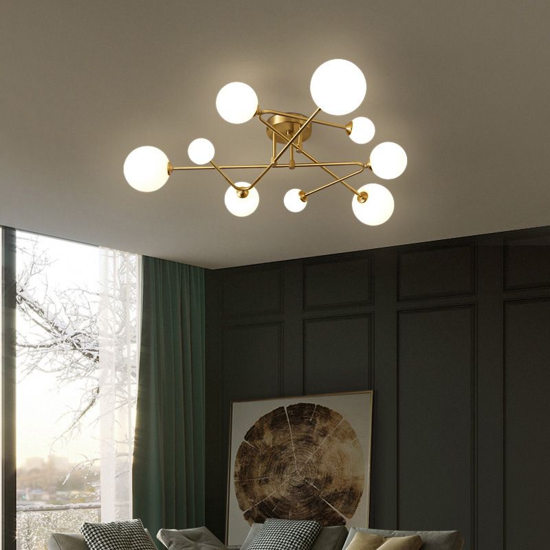 Orb Semi Mount Lighting Simple Salon en Verre Opalin Près du Plafonnier en Or