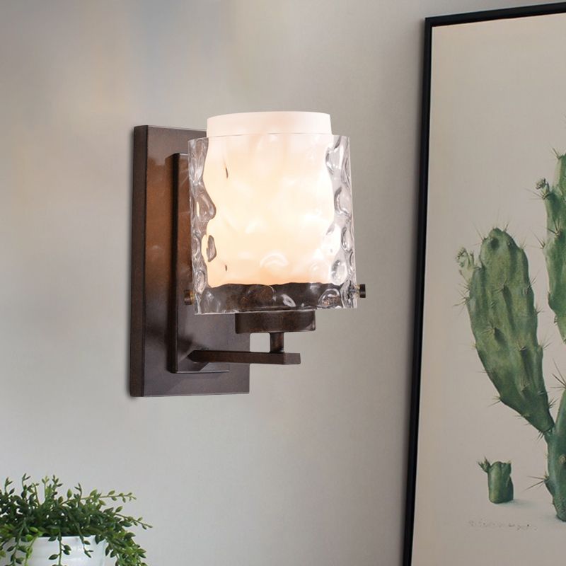 Traditional Cylinder Sconce Lamp Fixture 1-Light Clear Water Glass Wall Lighting in Black with White Shade Inner