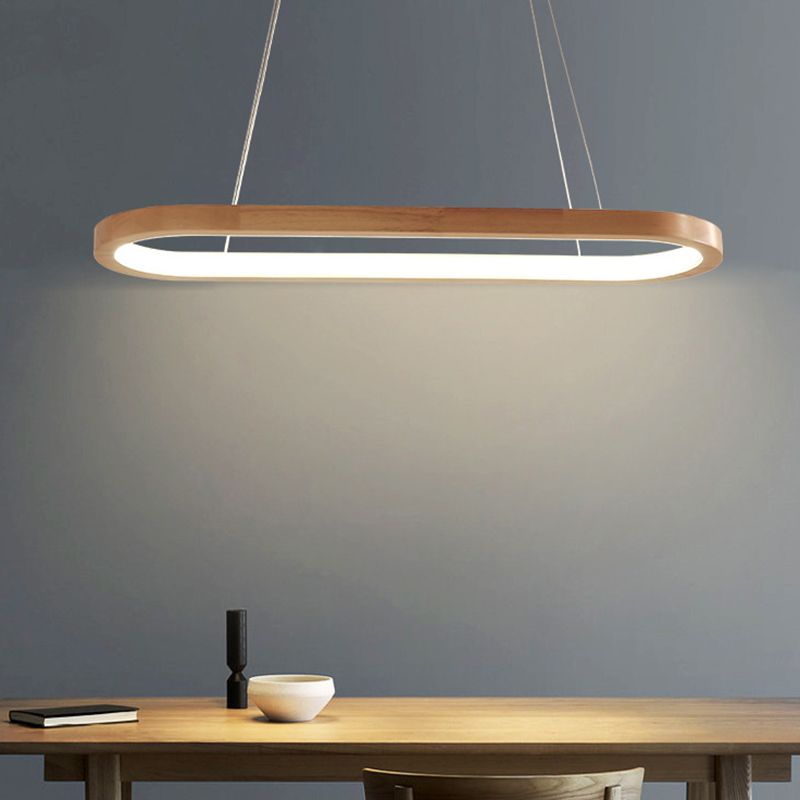 Modern Minimalist Oval Island Light LED Wooden Strip Restaurant Pendant Lighting