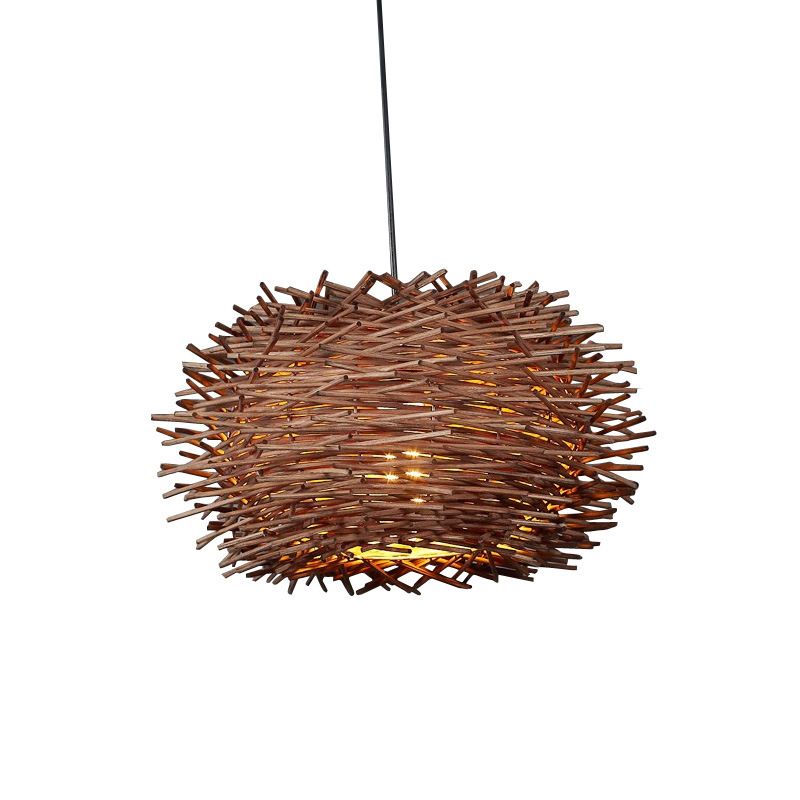 Zeitgenössischer Vogelnest Anhänger Leichtes Rattan Single-Bulb Restaurant Suspension Light in Holz