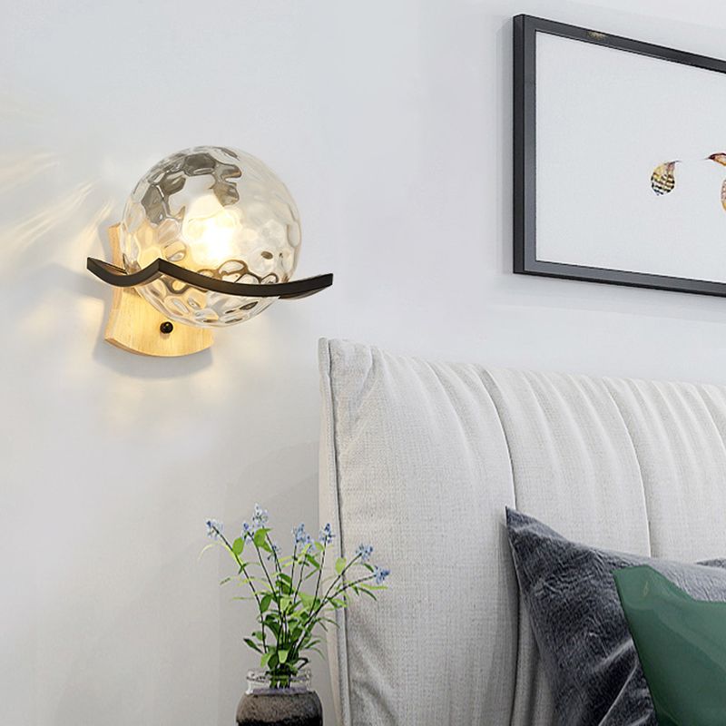 Modern Style Wooden Wall Sconce Glass Shade 1 Light Wall Mount Light Fixture for Living Room