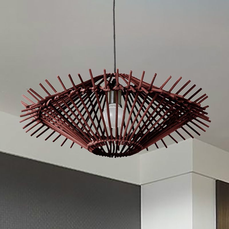 Beige/Brown Disc Pendant Light Rustic Single Bulb Bamboo Hanging Light Fixture for Restaurant Living Room