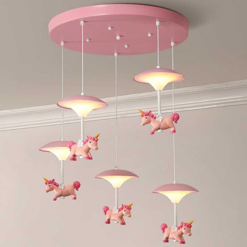 Mushroom Shade Bedroom Multi Pendant Metal LED Kid Ceiling Pendant with Unicorn Deco, Pink