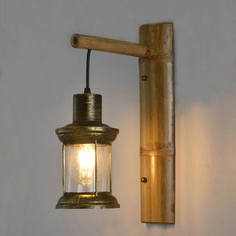 1-Head Wall Light Sconce Coastal Lantern Clear Glass Wall Mount Lighting with Bamboo Backplate