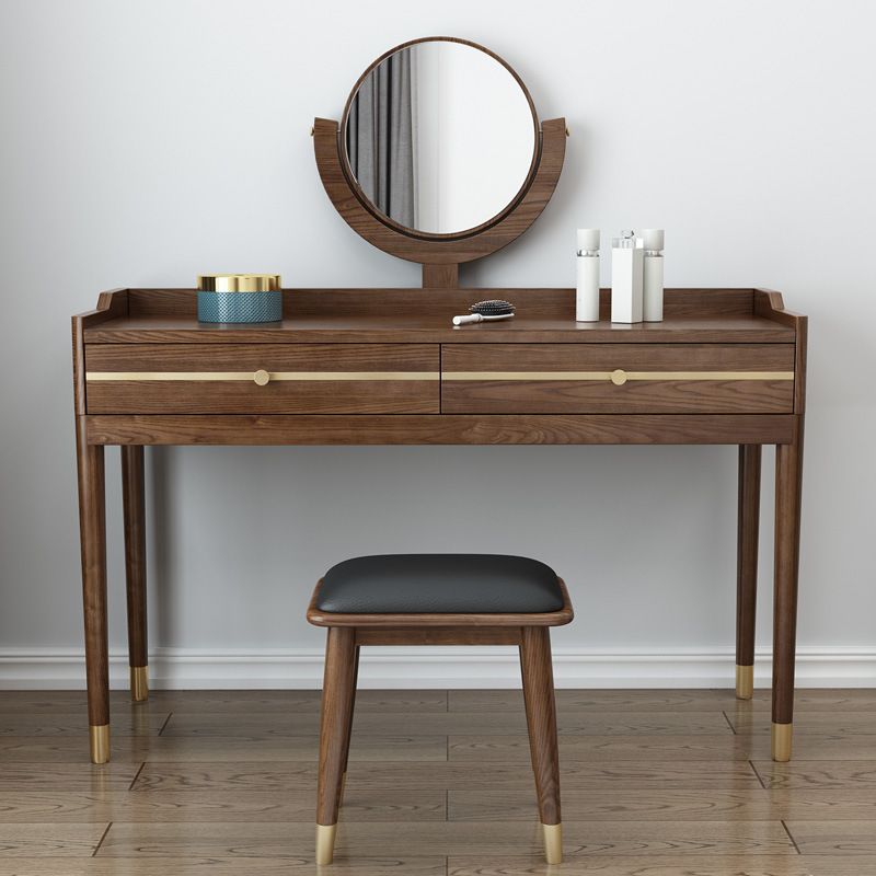 Mirror & 2 Drawers Makeup Vanity Traditional Brown Dressing Table Stool Set