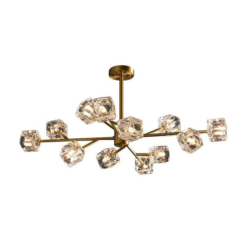 Post-Modern Branch Chandelier Lamp Clear Crystal Cube Living Room Suspension Light in Gold