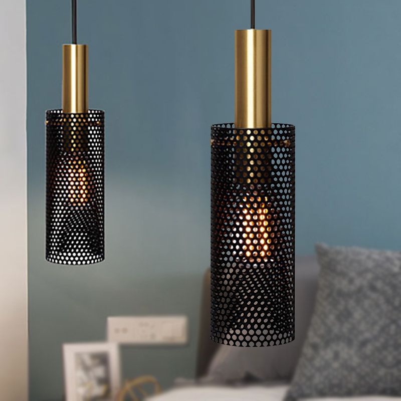 Hollow Design Cylinder Hanging Lamp Metal 1 Light Simple Mini Pendant in Black/White