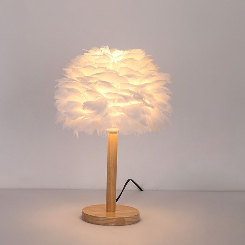 Dome Nightstand Light Nordic Feather Single Bedside Table Lamp in Pink/White/Grey with Wood Pole