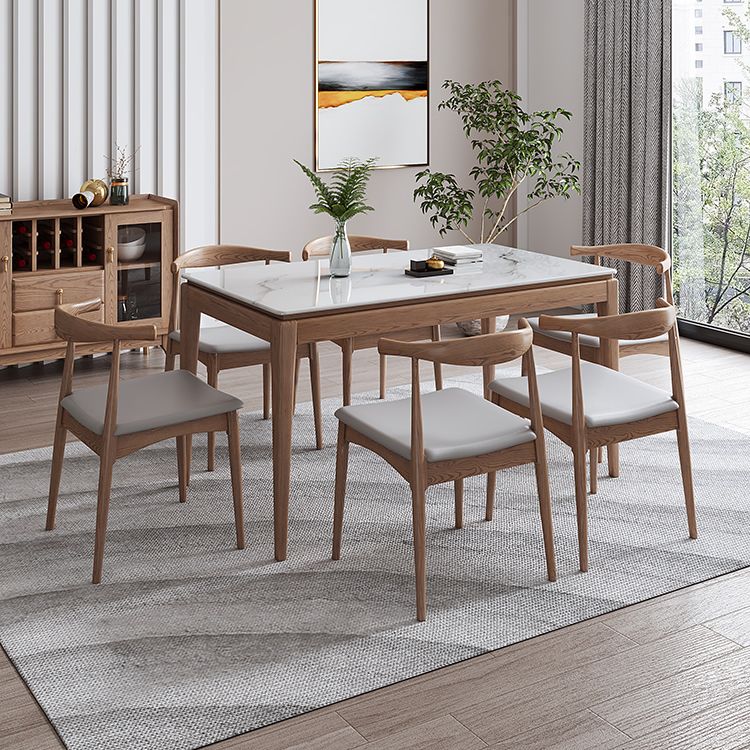 Rectangle Mid-Century Modern Dining Table White Sintered Stone Table with 4 Ash Solid Wood Legs