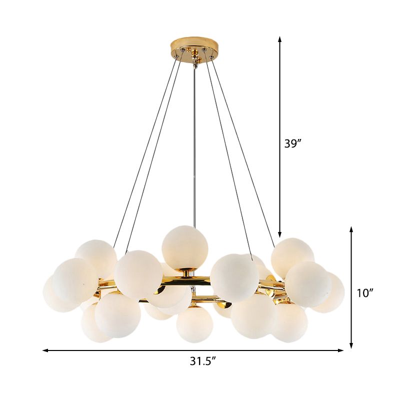 Lámpara de lámpara de pelota de vidrio de ópalo poste moderno 25 luces doradas colgante colgante de colgante