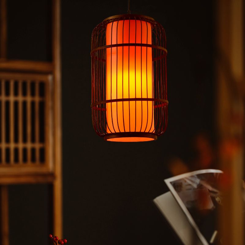 Chinese Style Bamboo Pendant Light Geometric Brown Hanging Pendant for Restaurant