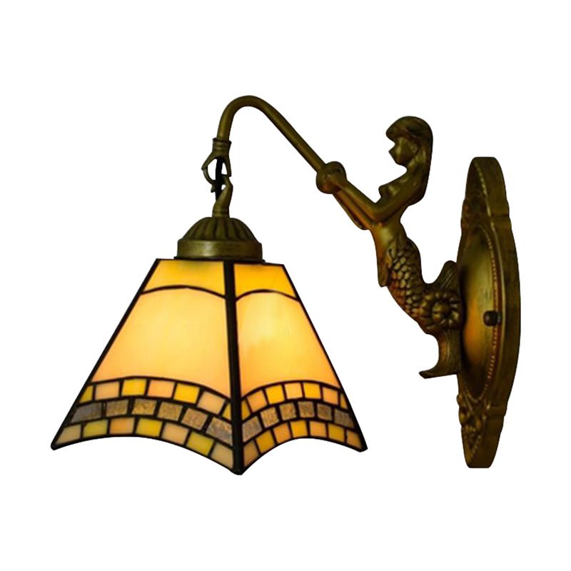 1 Head Wall Light Fixture Tiffany Trapezoid Blue Glass Sconce Lighting with Mermaid Backplate