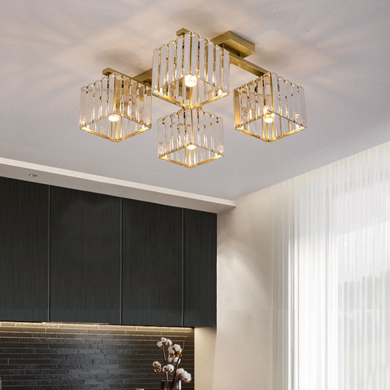 Accesorio de techo para sala de estar, barra de cristal de tres lados, cuadrado moderno, semiempotrado, 4/6/9 luces, en dorado/negro