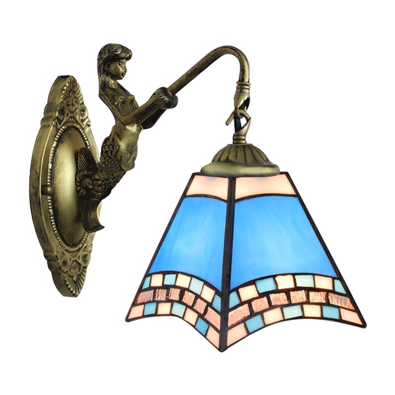 Mediterranean Pyramid Wall Light Fixture 1 Head Blue Glass Sconce Light with Mermaid Backplate