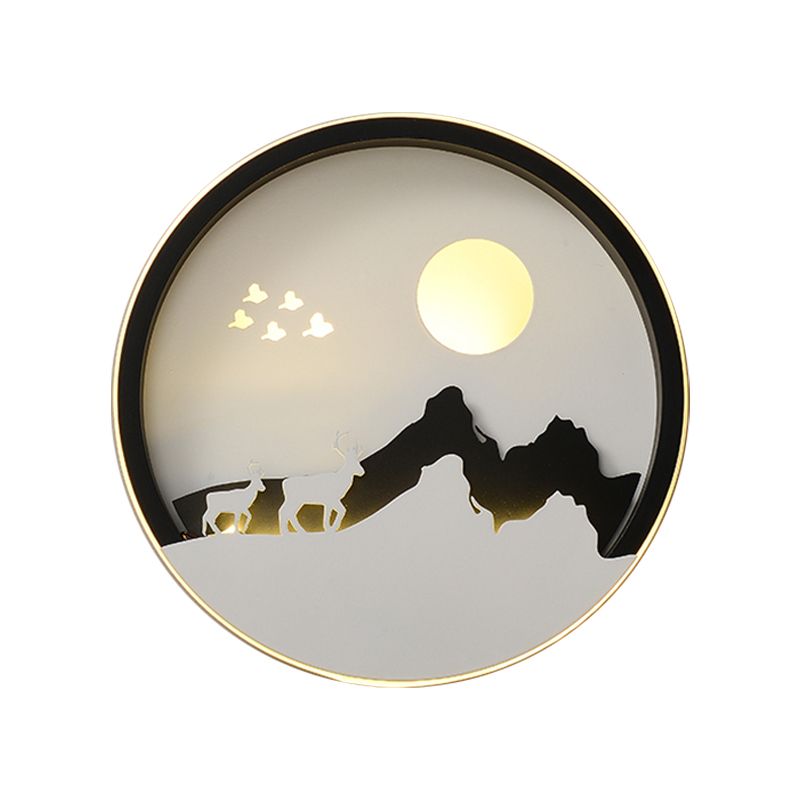 Salon rond Mur Mound Lampe acrylique LED Mur de la murale contemporain Lumière en noir avec de la montagne et du soleil motif