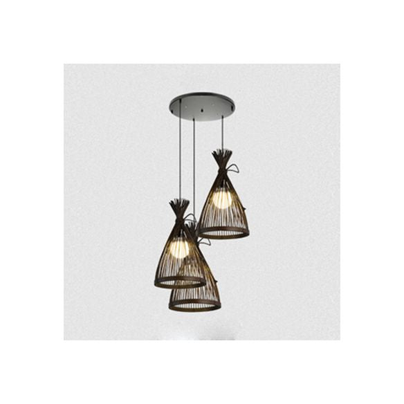Black/Beige Conical Shade Pendant Lighting Asian Stylish 3 Lights Bamboo Hanging Lamp with Round/Linear Canopy