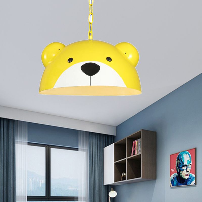 Metallic Dome Pendant Light Fixture Kids 1 Light Red/Yellow Hanging Lamp with Bear Design for Children Bedroom