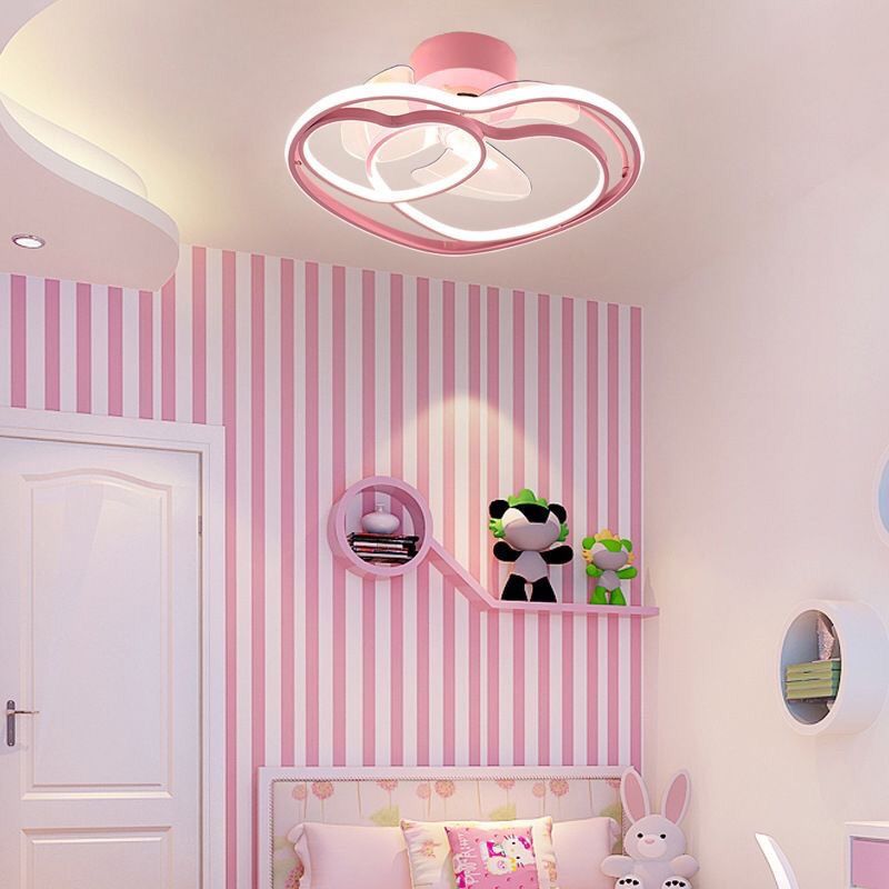 Heart Shaped Semi Flush Mount Fan Lamp Cartoon Metal Bedroom LED Ceiling Fan with Light