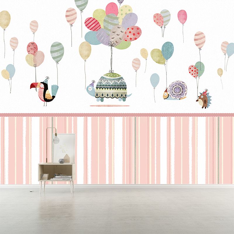 Childrens Art Baby Mural Wallpaper with Animal and Balloon Pattern Pastel Color Wall Covering for Nursery