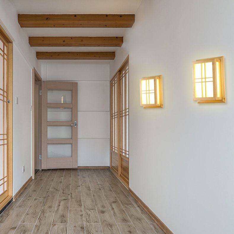 Rectangular Wood Wall Light Japanese 1-Light Wall Mount Light for Dining Room