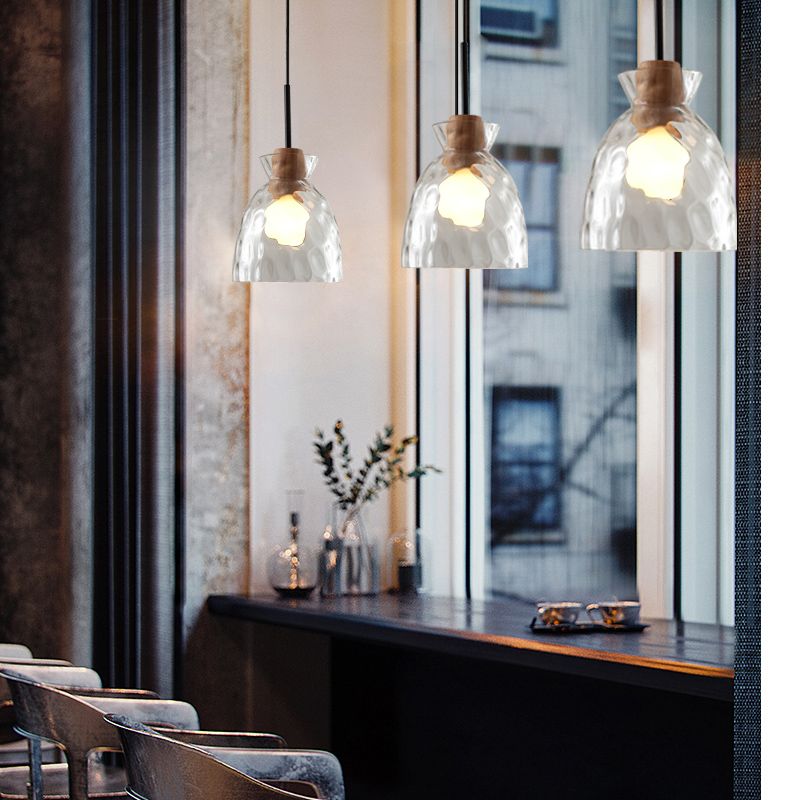 Ripple Glass Black Hanging Lamp in Modern Artistic Style Wooden Geometric Pendant Light