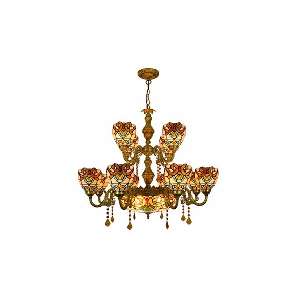 15 Lights Domed Hanging Lamp Victorian Stained Glass Crystal Chandelier Light in Brown for Living Room
