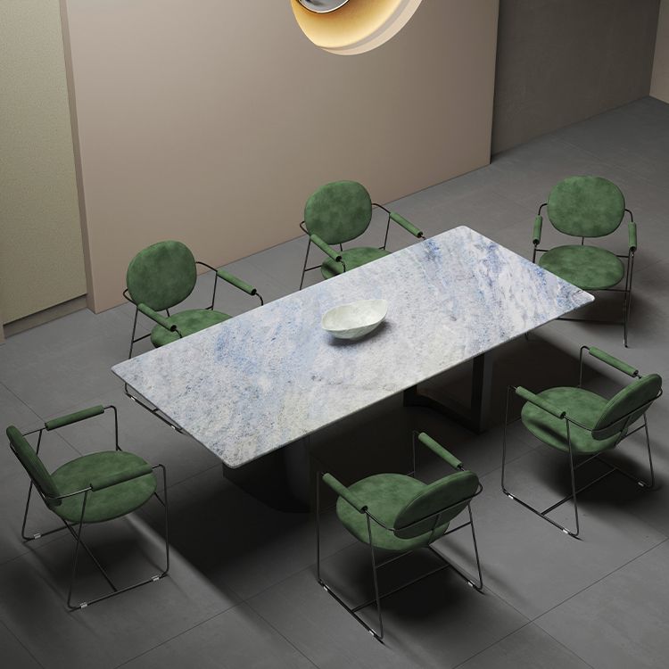 Contemporary Rectangle Blue Marble Dining Table with Double Pedestal