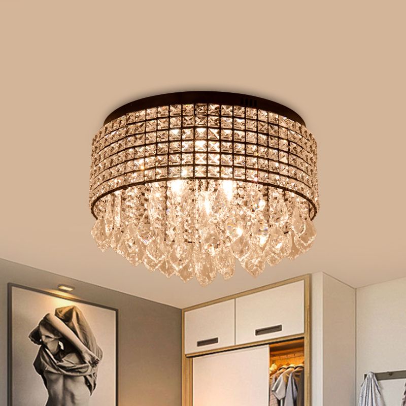Black Drum Flushmount Lamp Modern 5 Heads Crystal Embedded Flush Ceiling Light Fixture with Droplet