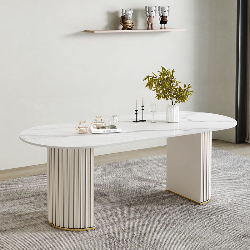 Simple Oval Dining Room Table Sintered Stone Top Double Pedestal Table