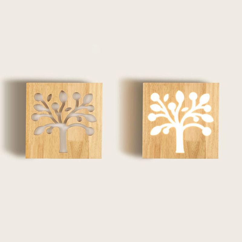 Square Flush Mount Wall Light Art Deco Wooden Corridor LED Sconce Lighting Fixture